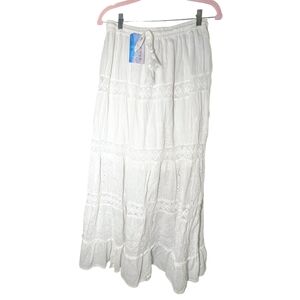 White Waves Boho Tiered Maxi Skirt XXL 100% Cotton Lace Inset White NWT